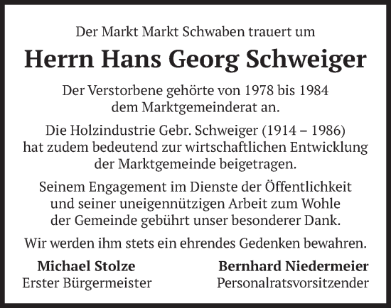 Traueranzeige von Hans Georg Schweiger von merkurtz