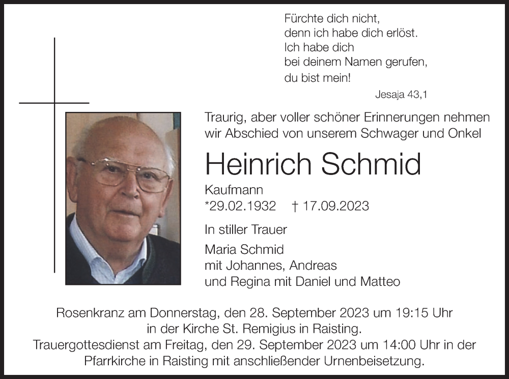  Traueranzeige für Heinrich Schmid vom 23.09.2023 aus merkurtz