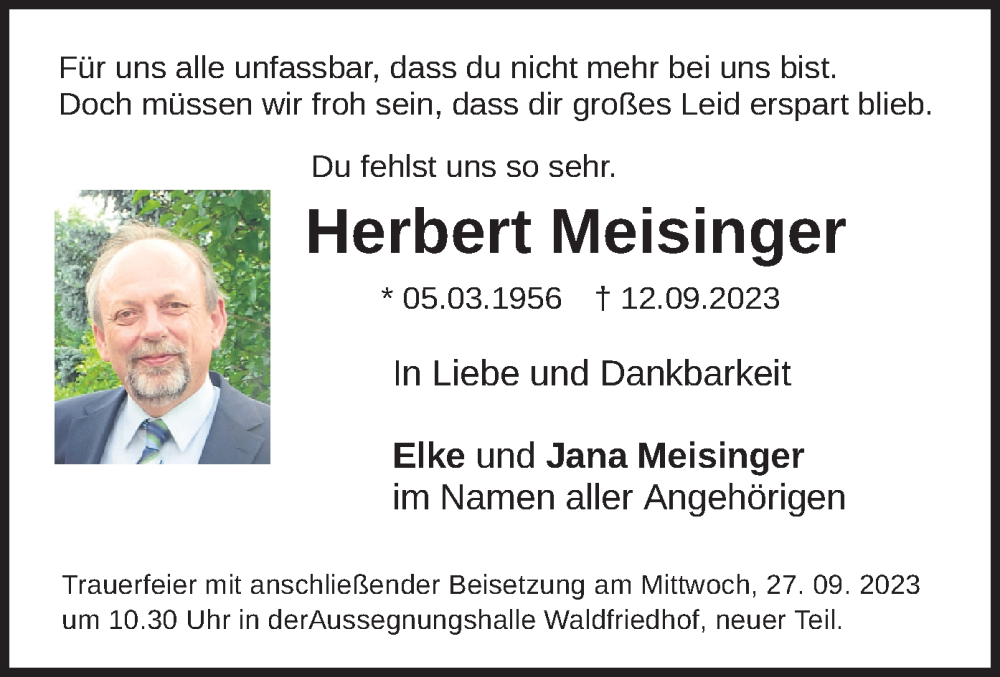  Traueranzeige für Herbert Meisinger vom 23.09.2023 aus merkurtz