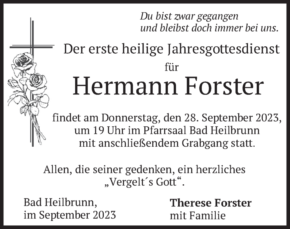  Traueranzeige für Hermann Forster vom 23.09.2023 aus merkurtz