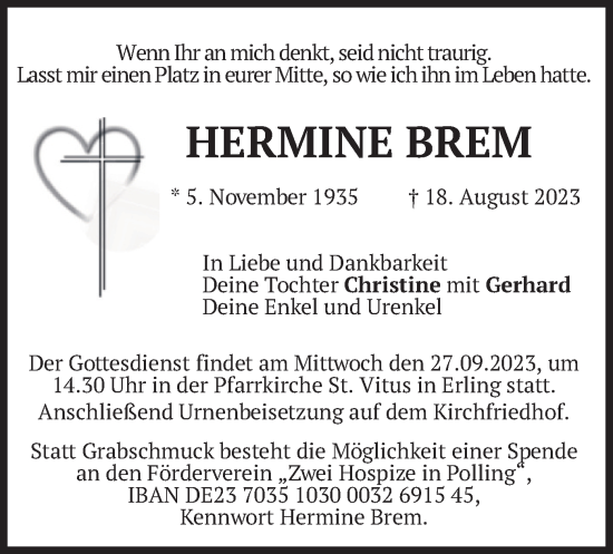 Traueranzeige von Hermine Brem von merkurtz