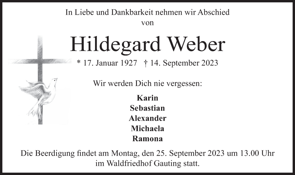 Traueranzeige für Hildegard Weber vom 21.09.2023 aus merkurtz