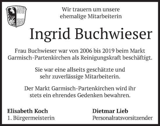 Traueranzeige von Ingrid Buchwieser von merkurtz