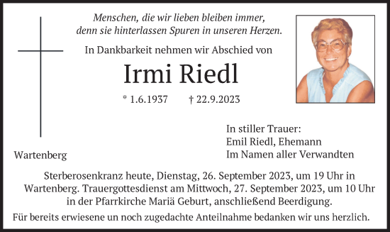 Traueranzeige von Irmi Riedl von merkurtz