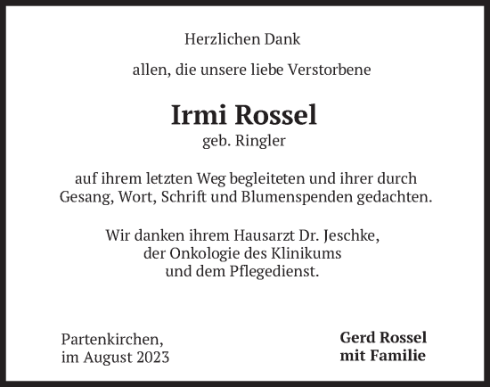 Traueranzeige von Irmi Rossel von merkurtz