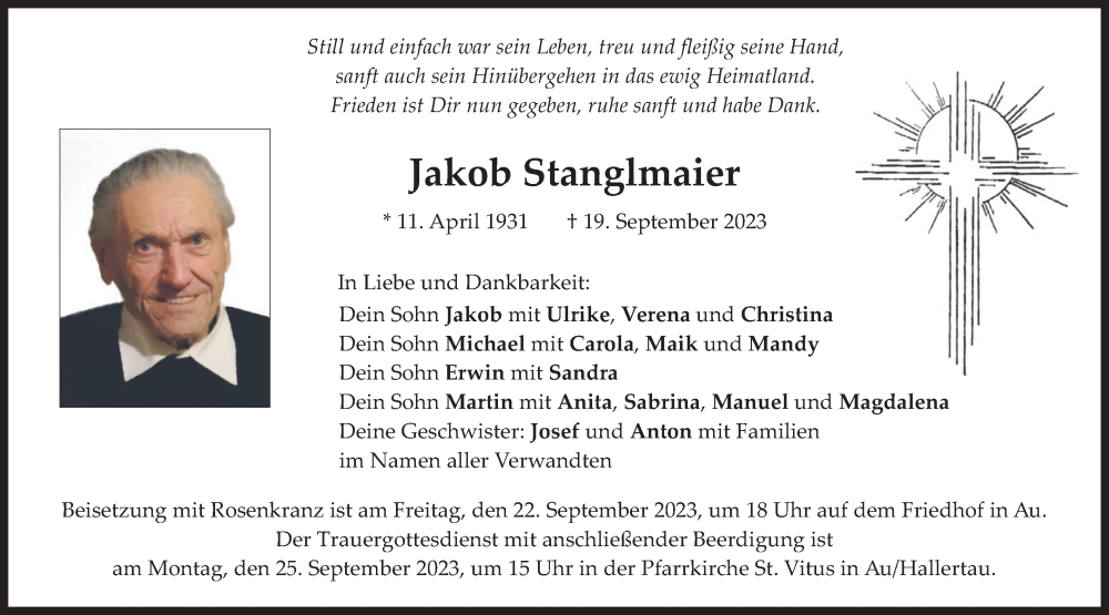  Traueranzeige für Jakob Stanglmaier vom 21.09.2023 aus merkurtz