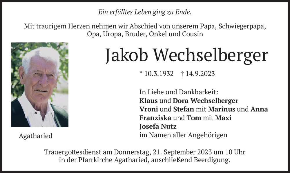  Traueranzeige für Jakob Wechselberger vom 16.09.2023 aus merkurtz