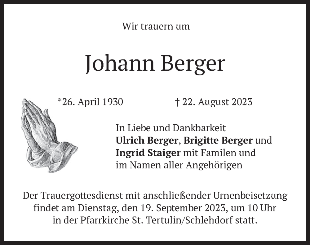  Traueranzeige für Johann Berger vom 16.09.2023 aus merkurtz