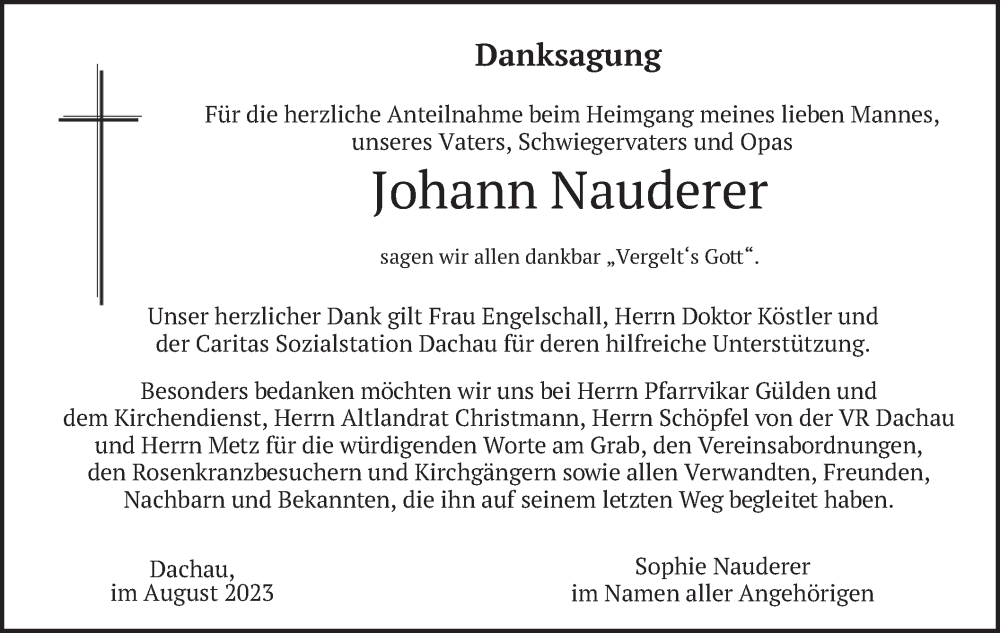  Traueranzeige für Johann Nauderer vom 02.09.2023 aus merkurtz