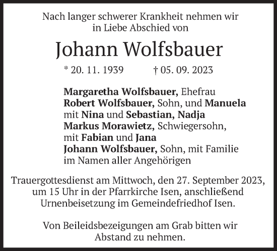 Traueranzeige von Johann Wolfsbauer von merkurtz
