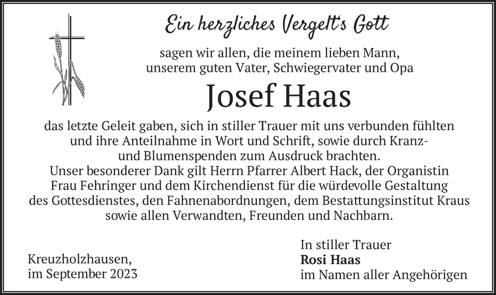  Traueranzeige für Josef Haas vom 16.09.2023 aus merkurtz