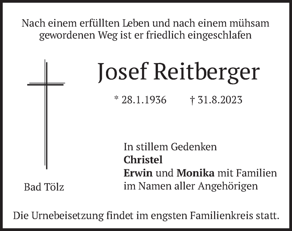  Traueranzeige für Josef Reitberger vom 06.09.2023 aus merkurtz