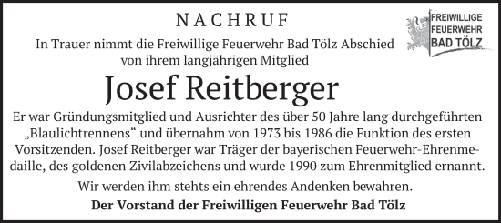 Traueranzeige von Josef Reitberger von merkurtz