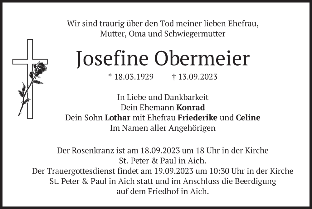  Traueranzeige für Josefine Obermeier vom 16.09.2023 aus merkurtz