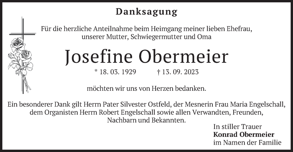  Traueranzeige für Josefine Obermeier vom 30.09.2023 aus merkurtz