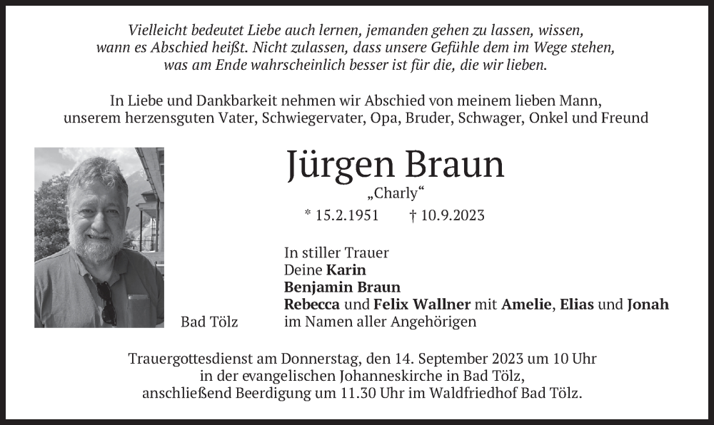  Traueranzeige für Jürgen Braun vom 12.09.2023 aus merkurtz