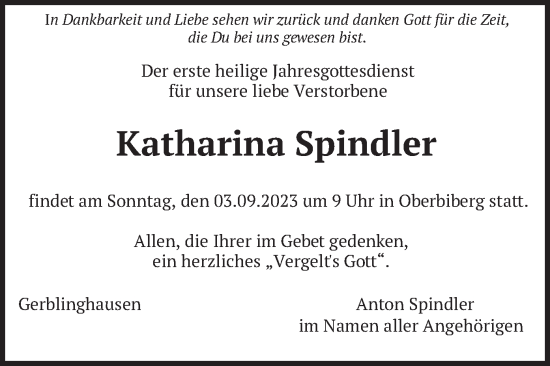 Traueranzeige von Katharina Spindler von merkurtz