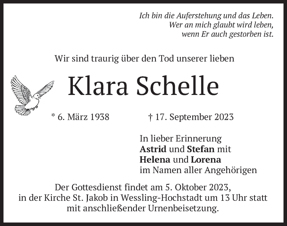  Traueranzeige für Klara Schelle vom 30.09.2023 aus merkurtz