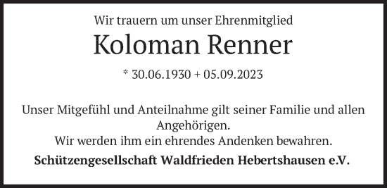 Traueranzeige von Koloman Renner von merkurtz