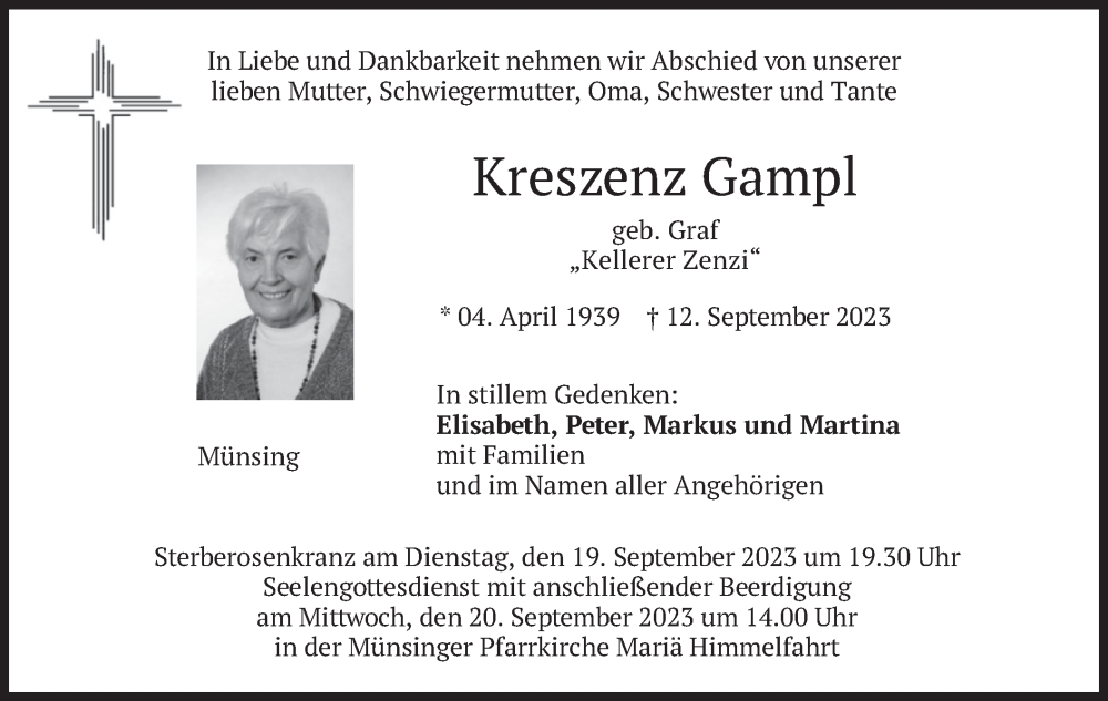  Traueranzeige für Kreszenz Gampl vom 16.09.2023 aus merkurtz