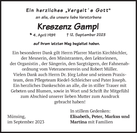 Traueranzeige von Kreszenz Gampl von merkurtz