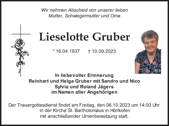 Traueranzeige von Lieselotte Gruber von merkurtz