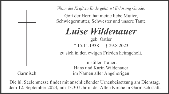 Traueranzeige von Luise Wildenauer von merkurtz
