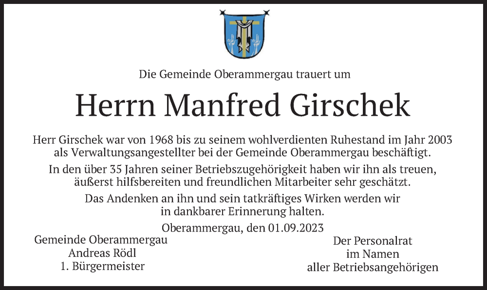  Traueranzeige für Manfred Girschek vom 02.09.2023 aus merkurtz