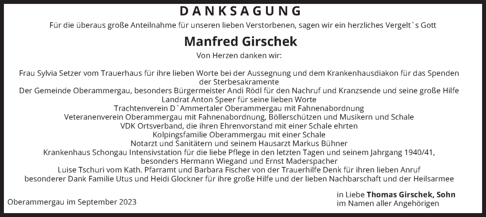  Traueranzeige für Manfred Girschek vom 22.09.2023 aus merkurtz