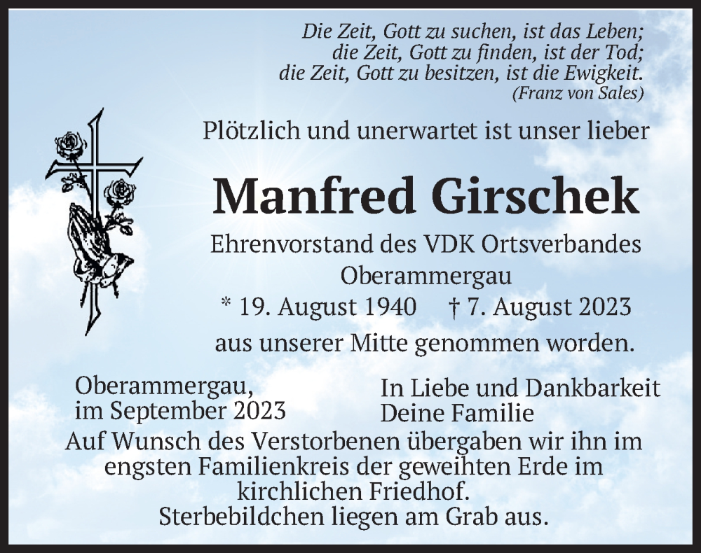  Traueranzeige für Manfred Girschek vom 02.09.2023 aus merkurtz