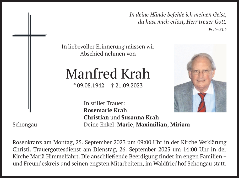 Traueranzeige für Manfred Krah vom 23.09.2023 aus merkurtz