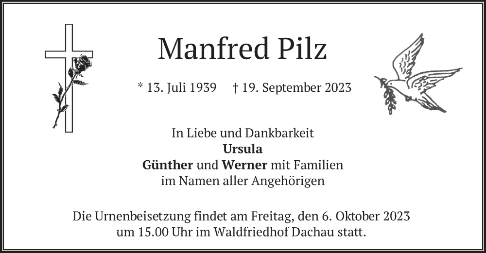  Traueranzeige für Manfred Pilz vom 30.09.2023 aus merkurtz