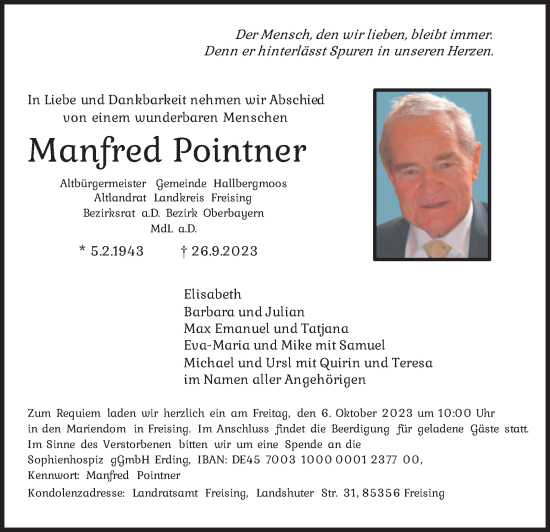 Traueranzeige von Manfred Pointner von merkurtz