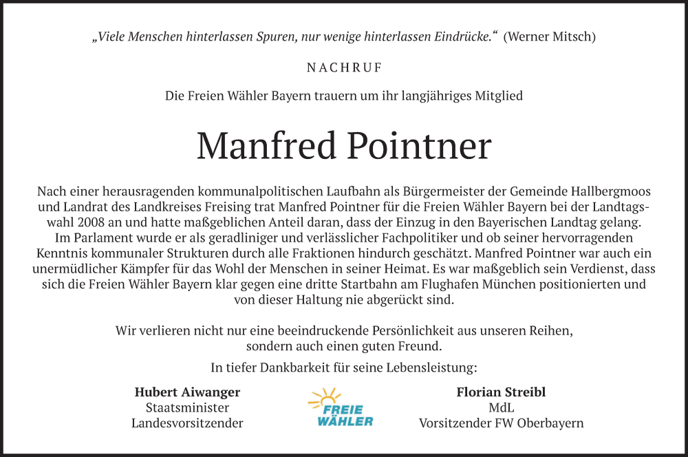  Traueranzeige für Manfred Pointner vom 30.09.2023 aus merkurtz