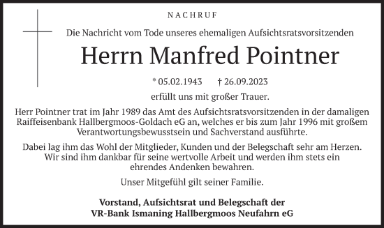 Traueranzeige von Manfred Pointner von merkurtz