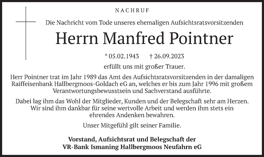  Traueranzeige für Manfred Pointner vom 30.09.2023 aus merkurtz