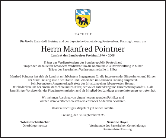 Traueranzeige von Manfred Pointner von merkurtz