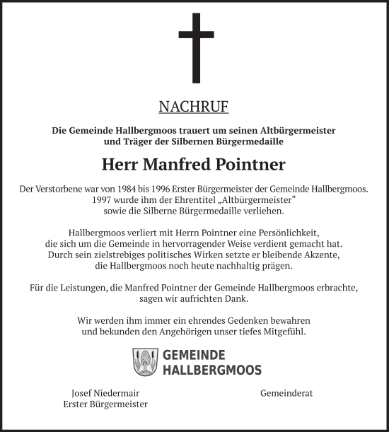 Traueranzeige von Manfred Pointner von merkurtz