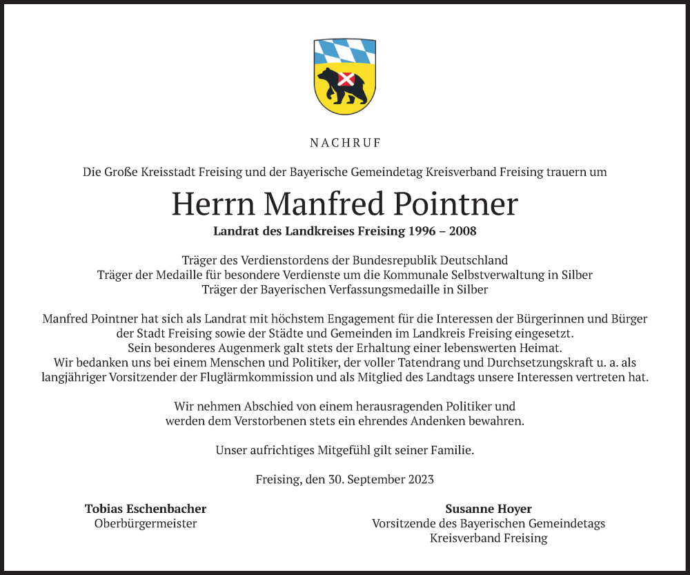  Traueranzeige für Manfred Pointner vom 30.09.2023 aus merkurtz