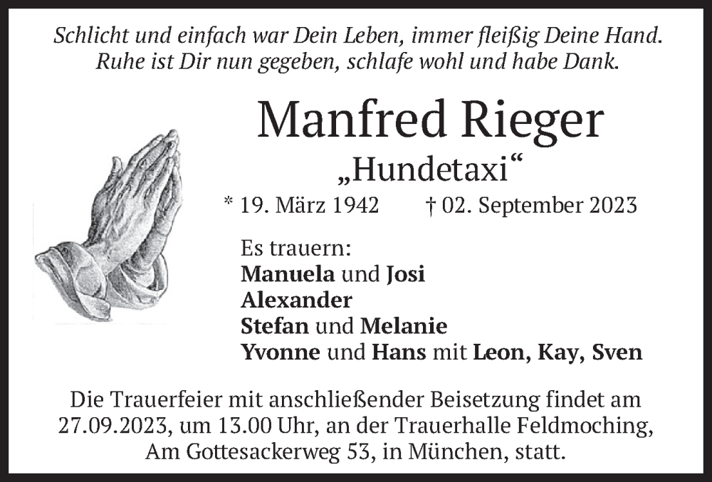  Traueranzeige für Manfred Rieger vom 25.09.2023 aus merkurtz