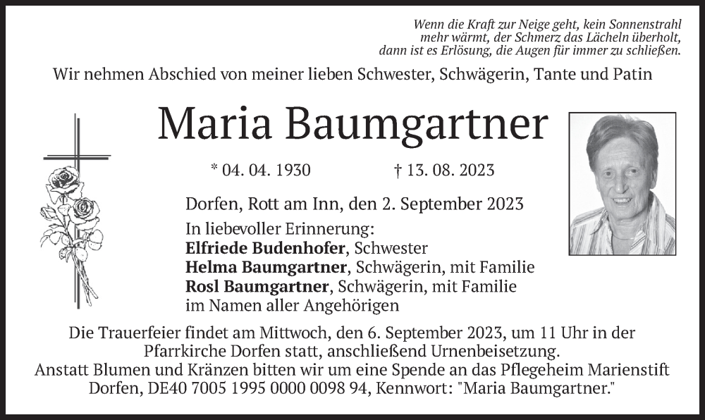  Traueranzeige für Maria Baumgartner vom 02.09.2023 aus merkurtz