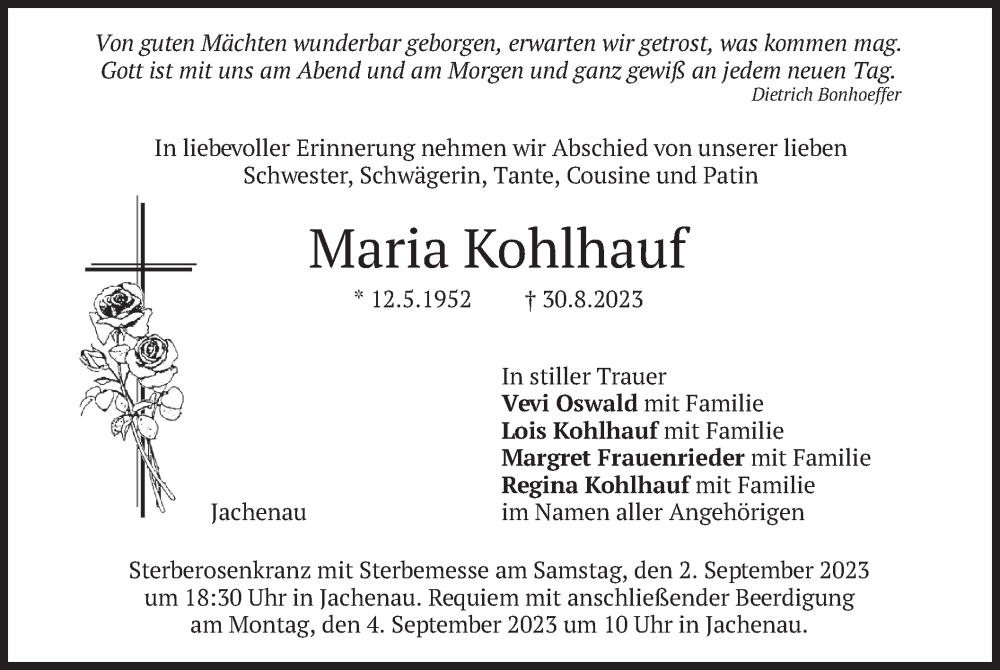  Traueranzeige für Maria Kohlhauf vom 01.09.2023 aus merkurtz