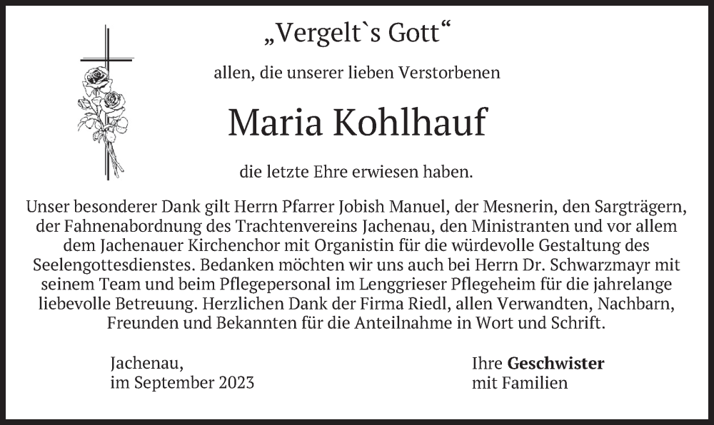  Traueranzeige für Maria Kohlhauf vom 09.09.2023 aus merkurtz