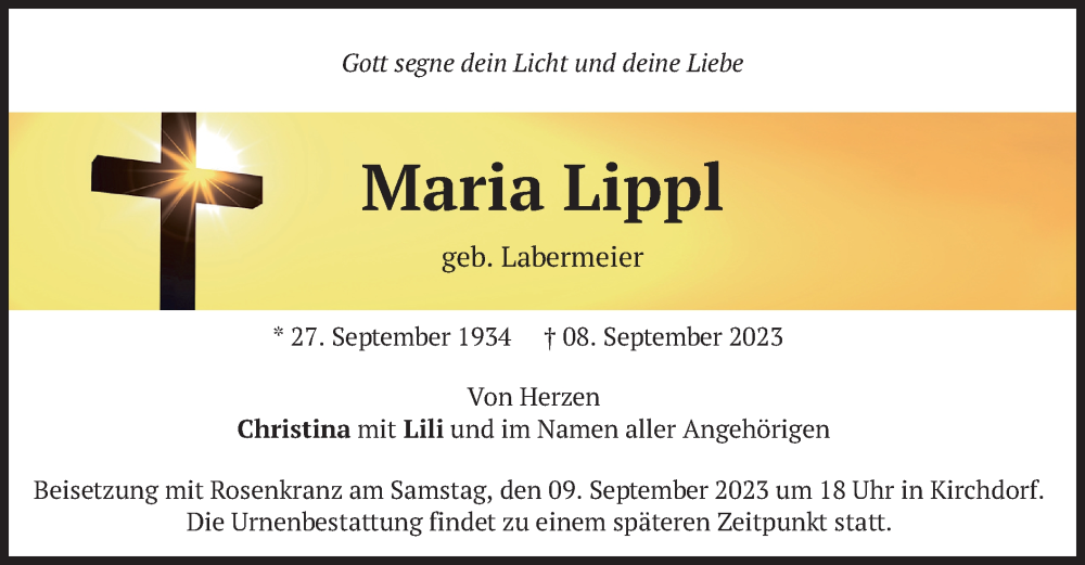  Traueranzeige für Maria Lippl vom 09.09.2023 aus merkurtz
