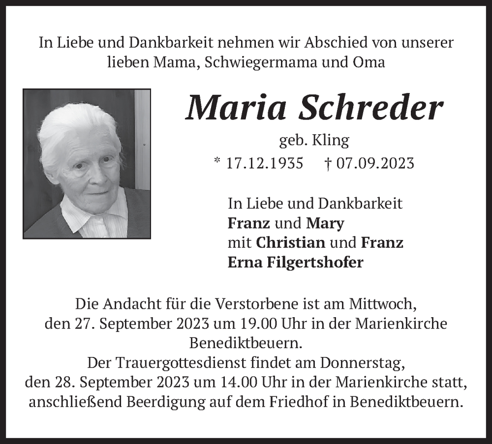  Traueranzeige für Maria Schreder vom 23.09.2023 aus merkurtz