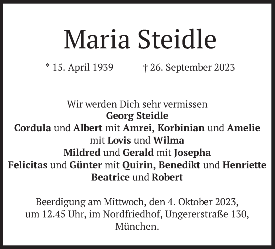Traueranzeige von Maria Steidle von merkurtz
