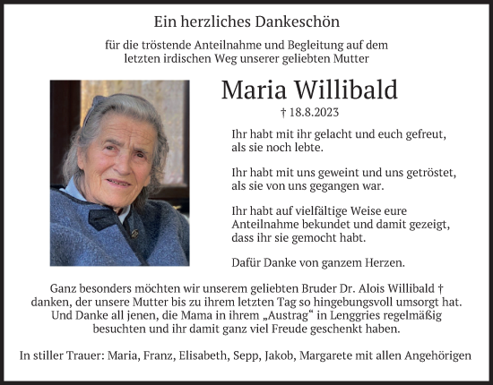 Traueranzeige von Maria Willibald von merkurtz