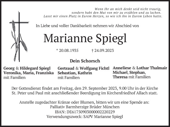 Traueranzeige von Marianne Spiegl von merkurtz