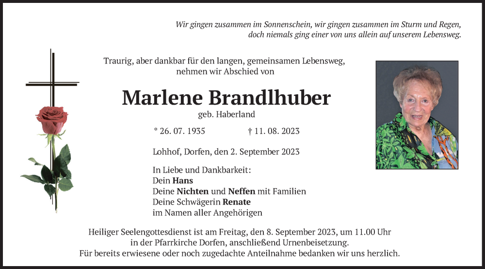  Traueranzeige für Marlene Brandlhuber vom 02.09.2023 aus merkurtz