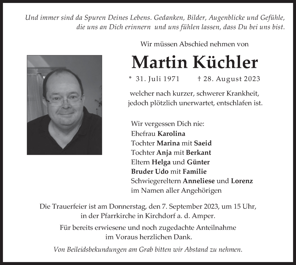  Traueranzeige für Martin Küchler vom 06.09.2023 aus merkurtz